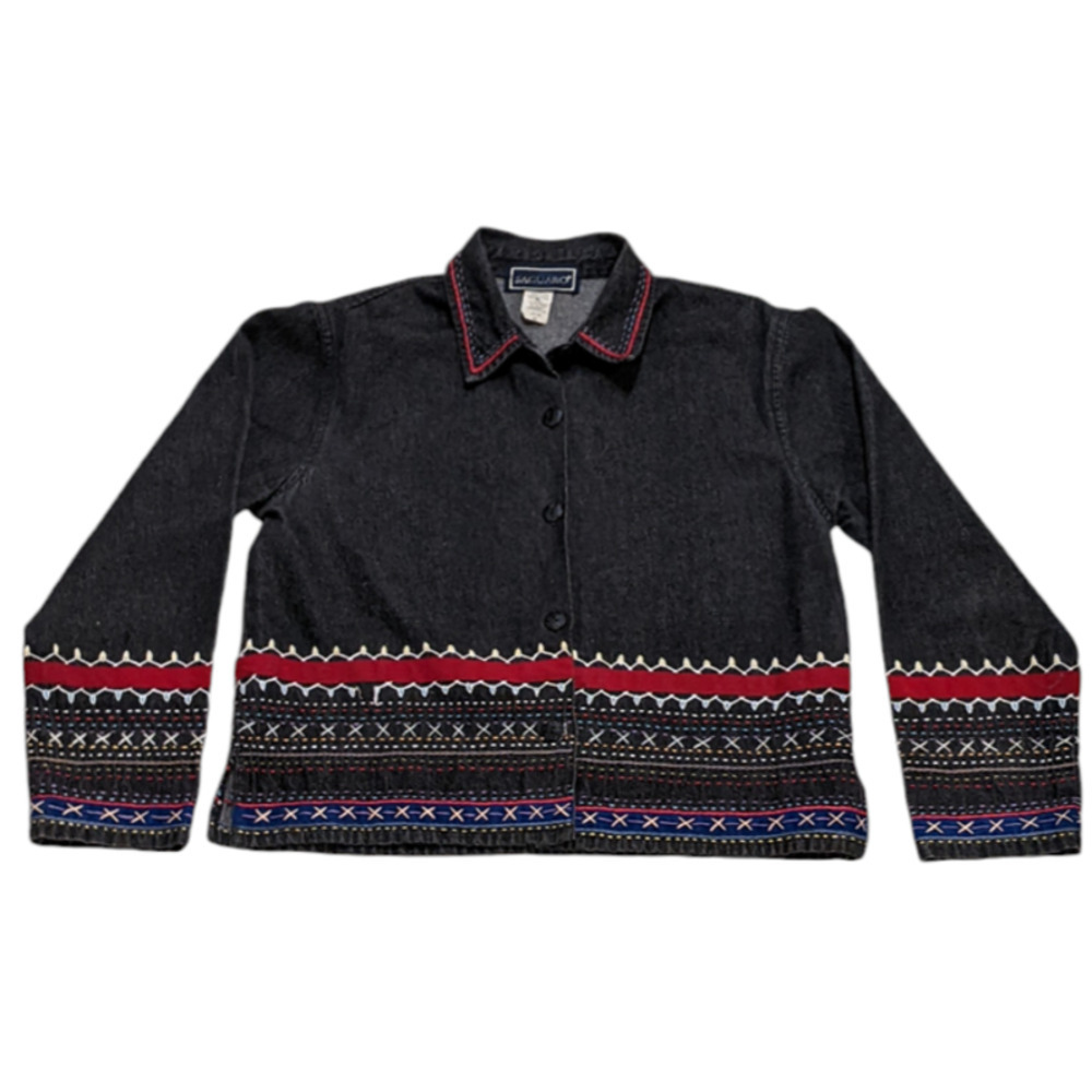 VTG Saguaro Black Demin Embroidered Blazer Jacket Medium Southwestern Christmas